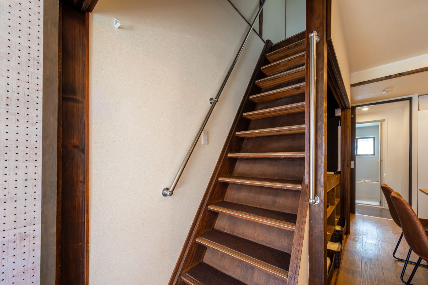 The steep wooden staircase