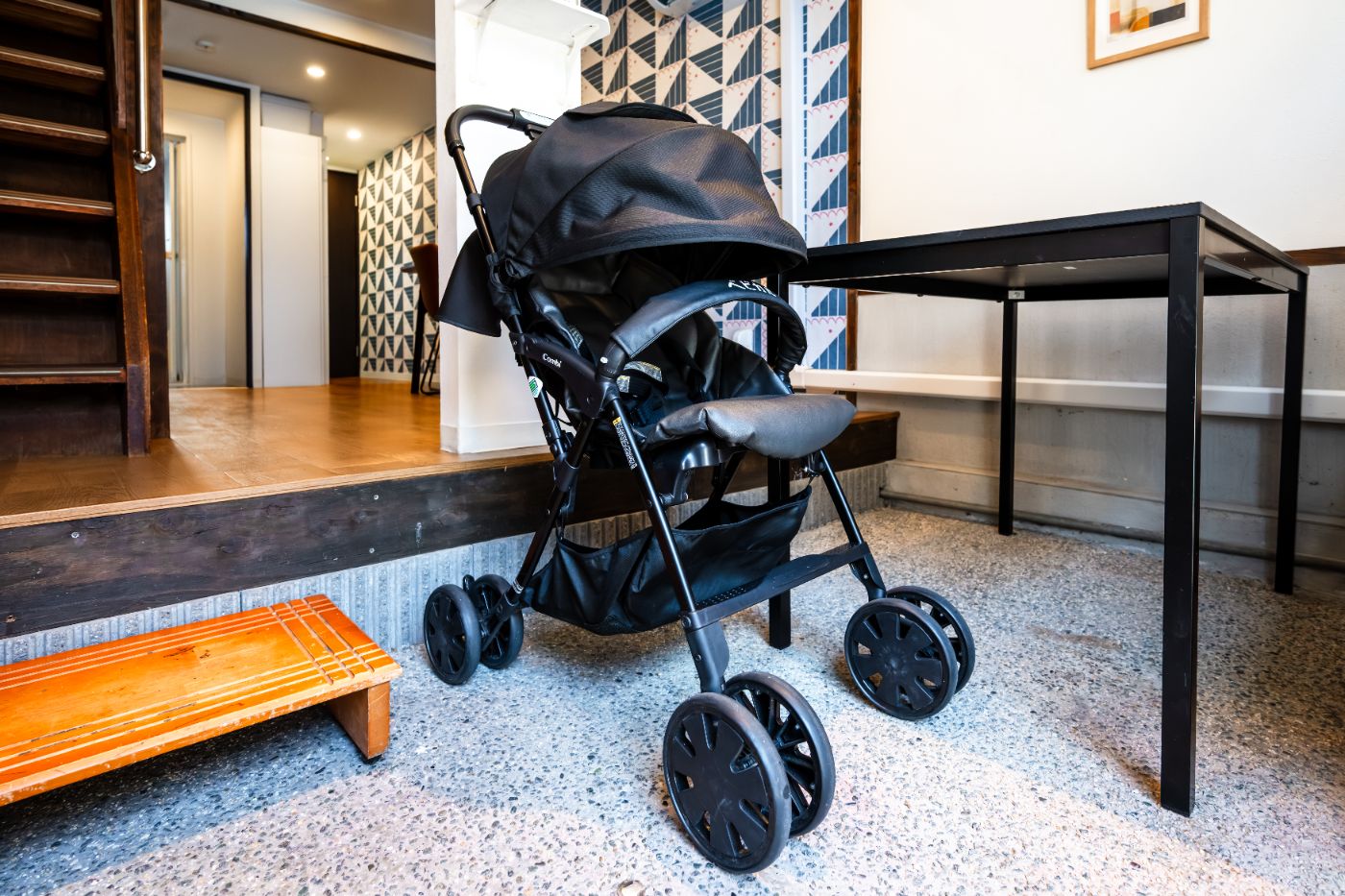 The doma with a stroller parked inside